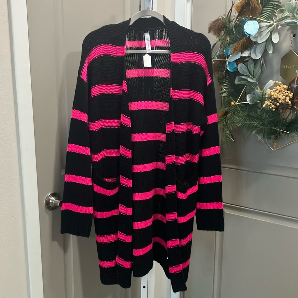 Honeyme Pink and Black Long Cardigan Sweater